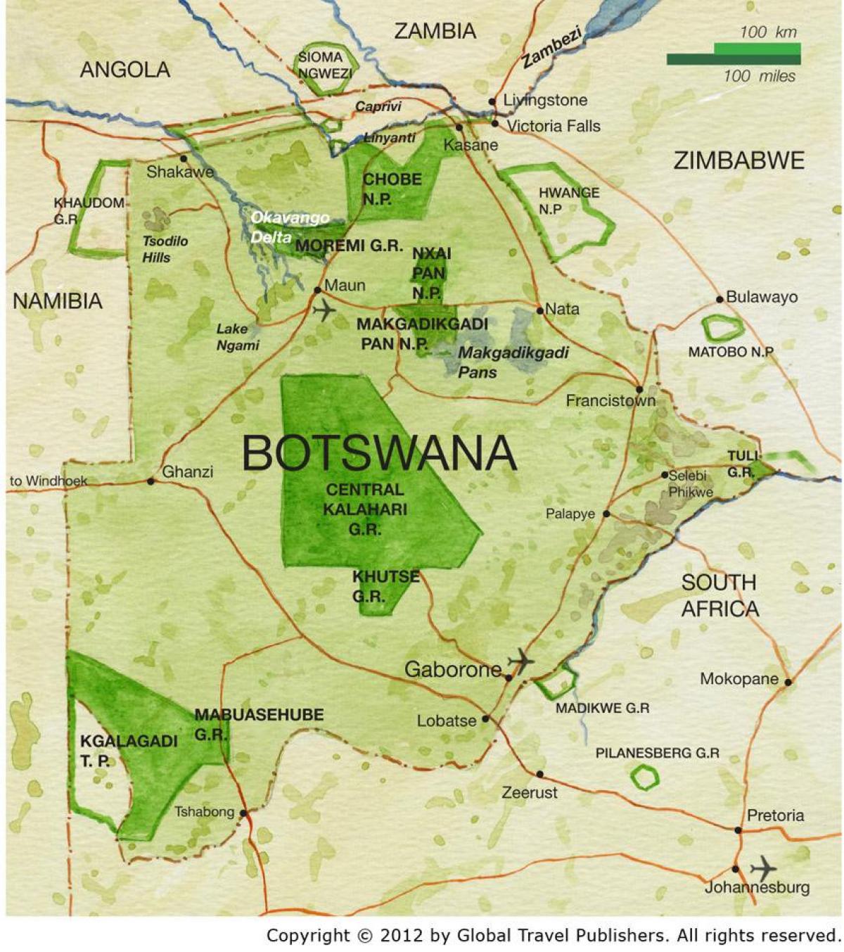 kaart van Botswana spel reserwes